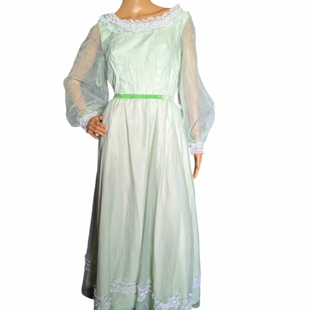 Vintage 70s Nadine Pale Green Tulle & Daisy Trim Cocktail Party Prom Dress Gown